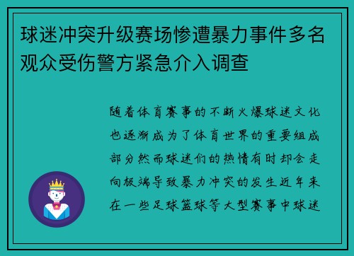 球迷冲突升级赛场惨遭暴力事件多名观众受伤警方紧急介入调查