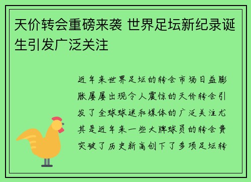 天价转会重磅来袭 世界足坛新纪录诞生引发广泛关注